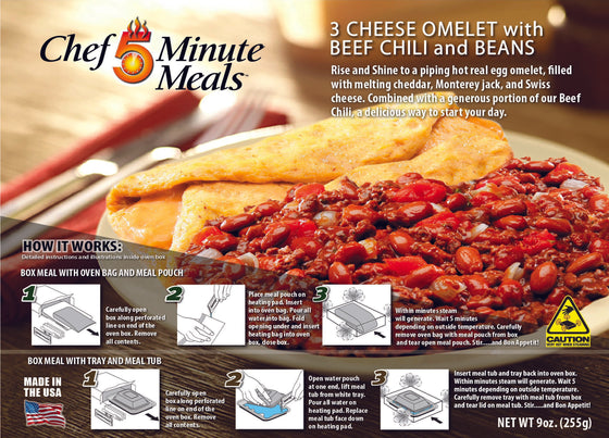 Chef 5 Minute Meal Cheese Omelet w/ Beef Chili & Beans - Case